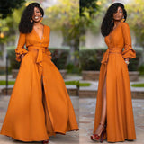 2024 fall fashion trends Women's Deep V Long Sleeve Waist Solid Color Cardigan Dress Long Dress