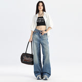 y2k outfits Fall Women's Street Style Retro Washed Wide-Leg Jeans Women's Autumn New High Waist Loose Slimming Straight Tall Mopping Pants