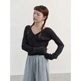 Wenkouban autumn and Spring Casual Wool Mohair V-neck Twisted Short Knitted Bottoming Shirt