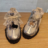 Korean Style Ballet Style Shoe Flower High-Grade Accessories Lace Silver Bow Shoelace Decorative Buckle