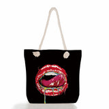 2000s Fashions Creative Lip Printing Women's Shoulder Thick Rope Beach Bag Travel Large Capacity Storage Zipper Shoulder Handbag