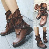 fall boots Autumn and Winter New round Toe Pu Ankle Buckle Low Square Heel Women's 