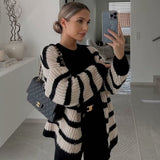 Wenkouban Autumn and Winter New Women's Lazy Style Black and White Striped Single-Breasted Loose Sweater Coat