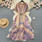 boxer costume Elegant Hollow round Neck Bow Print Dress Waist-Tight Elegant Chiffon Pleated Skirt