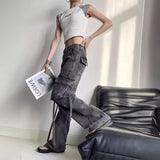 Wenkouban leapord Winter outfit Chic 2024 High Waist American Workwear Jeans Women's Casual Straight Pants Multi-Pocket