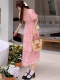 Wenkouban-2025 dress to impress party dress nye outfits Pink Square Neck Floral Chiffon Dress YM1548