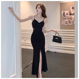 Wenkouban-2025 dress to impress party dress nye outfits Black v-neck slit long dress YM1254