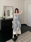 Wenkouban-2025 dress to impress party dress nye outfits Oil painting floral suspender dress women's summer stitching fake two piece skirt YM1190