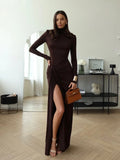 Wenkouban-new years eve outfits Christmas party outfits Elegant Turtleneck Thigh High Split Sexy Maxi Dress Women Fashion Long Sleeve Draped Robes Autumn Bandage Bodycon Party Dresses