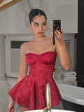 Wenkouban-new years eve outfits Christmas party outfits Chic Red Off-the-shoulder Backless Sleeveless Mini Dress Sexy Lace High Waist Slim Vestidos New Lady Cocktail Party Gown