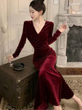 Wenkouban-Christmas Outfit New Year's Eve Dress party look inspos Elegant Velvet Evening Dresses Autumn Winter V-Neck Bodycon Mermaid Party Long Dress Solid Slim Waist Vestidos Women Clothing