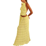 Wenkouban-Women Boho Sexy Backless Matching Suit 2 Piece Beach Holiday Outfits Vintage Ruched Halter Cami Tops + Maxi Long Skirt Party