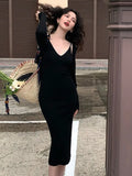 Wenkouban-Christmas Outfit New Year's Eve Dress party look inspos Autumn Chic Knitted 2-piece Dress Set Women Crop Cardigan and V-neck Spaghetti Strap Midi Dress French Vintage Female Solid Suit