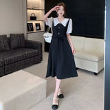 Wenkouban Women's Loose Casual Dress, 2024 Summer，Oversized, Short Sleeve, Doll collar,  Splicing，Fold, Commuter Elegant Lady Midi Dress