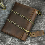 Wenkouban-Men Genuine Leather Short Wallet with Chain Zipper Clutch Wallets Male Short Trifold Purse Card Holder Change Coin Purse