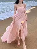 Wenkouban-Christmas Party Dresses  Pink Elegant Pleated High Waist Split Long Dress Women Fashion Backless Halter Strapless Fairy Dress Female 2024 Vestido