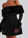 Wenkouban-new years eve outfits Christmas party outfits Women Black Fluffy Faux Fur Backless Mini Dress Fashion Strapless High A-neck Slim Dresses 2024 New Lady Party Gown Vestidos