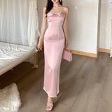 Wenkouban-Christmas Party Dresses Pink Bow Neckline Patchwork Mesh Vest Dress Long Skirt Satin Light Gown High Waist Slim-Fit Elegant Party Maxi Dresses Female