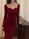 Wenkouban-Christmas Outfit New Year's Eve Dress party look inspos Sexy Women Bodycon Slim Midi Dress Autumn Casual Black Red Evening Party Club Chic Vestidos Female Birthday Robe Clothings