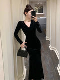 Wenkouban-Christmas Outfit New Year's Eve Dress party look inspos Elegant Velvet Evening Dresses Autumn Winter V-Neck Bodycon Mermaid Party Long Dress Solid Slim Waist Vestidos Women Clothing