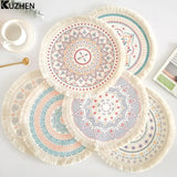 Wenkouban Bohemian Round Placemats Simple Handwoven Jute Placemats Coasters Vintage Cotton Linen Mats Vase Mats Kitchen Accessories