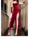 Wenkouban-Christmas Party Dresses Red Rose Elegant One Piece Dress Women Sleeveless Y2k Designer Long Dress Female Strapless Retro Irregular Dress 2024 Summer New