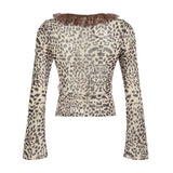 Wenkouban Lace Patchwork Leopard Print Lace-up Cardigan Top Y2K Long Sleeve Mesh Crop T-shirt Chic Stylish Autumn Sexy Sheer