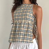 Wenkouban-Fairycore Vintage Y2K Milkmaid Camis Plaid Solid Color Cut Out Side Tie Up Vest Women Casual Loose Sleeveless Crop Top Holiday