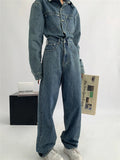 Wenkouban Retro Blue Washed Aged Denim Jumpsuits Womens Spring Autumn New Loose Single Breasted Long Sleeve Jean One Piece Trousers Female