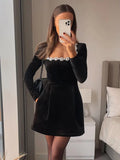 Wenkouban-new years eve outfits Christmas party outfits Women Black Rhinestone Decor Velvet Mini Dress Elegant Square Neck Long Sleeve High Waist A-line Dresses Lady Evening Party Gown