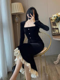 Wenkouban-Christmas Outfit New Year's Eve Dress party look inspos Vintage Bodycon Black Velvet Mermaid Party Dress Women Elegant Square Collar Lace Patchwork Evening Vestidos Autumn Prom Robe