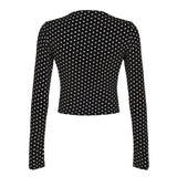 Wenkouban Women Dot Print Fitted Crop Top Elegant Casual Long Sleeve Vintage T-shirt Autumn Fashion Basic Tees Street Outfits