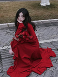 Wenkouban-new years eve outfits Christmas party outfits Autumn Red Vintage Elegant Dress Women Flare Sleeve Designer Sweet Long Dress Female Ruffles Retro Princess Irregular Dress 2024