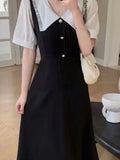 Wenkouban Women's Loose Casual Dress, 2024 Summer，Oversized, Short Sleeve, Doll collar,  Splicing，Fold, Commuter Elegant Lady Midi Dress