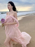 Wenkouban-Christmas Party Dresses  Pink Elegant Pleated High Waist Split Long Dress Women Fashion Backless Halter Strapless Fairy Dress Female 2024 Vestido