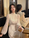 Wenkouban-Christmas Outfit New Year's Eve Dress party look inspos Autumn Chiffon Fairy Midi Dress for Women Elegant Lantern Sleeve One Piece Dresses Korean Fashion Long Vestidos Female Clothing