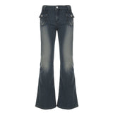 Wenkouban High Street Retro Women Flare Jeans Y2K Pockets Skinny Denim Pants Fashion Spring 2000s Casual Low Waisted Trousers