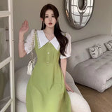 Wenkouban Women's Loose Casual Dress, 2024 Summer，Oversized, Short Sleeve, Doll collar,  Splicing，Fold, Commuter Elegant Lady Midi Dress