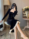 Wenkouban-Christmas Outfit New Year's Eve Dress party look inspos Vintage Bodycon Black Velvet Mermaid Party Dress Women Elegant Square Collar Lace Patchwork Evening Vestidos Autumn Prom Robe