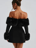 Wenkouban-new years eve outfits Christmas party outfits Women Black Fluffy Faux Fur Backless Mini Dress Fashion Strapless High A-neck Slim Dresses 2024 New Lady Party Gown Vestidos