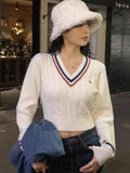 Wenkouban Korean Fashion Crop Sweaters Women Autumn V Neck Y2K Cartoon Embroidery Knitted Tops Winter Basic Long Sleeve Pullovers