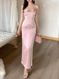 Wenkouban-Christmas Party Dresses Pink Bow Neckline Patchwork Mesh Vest Dress Long Skirt Satin Light Gown High Waist Slim-Fit Elegant Party Maxi Dresses Female