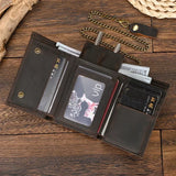 Wenkouban-Men Genuine Leather Short Wallet with Chain Zipper Clutch Wallets Male Short Trifold Purse Card Holder Change Coin Purse