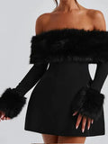 Wenkouban-new years eve outfits Christmas party outfits Women Black Fluffy Faux Fur Backless Mini Dress Fashion Strapless High A-neck Slim Dresses 2024 New Lady Party Gown Vestidos