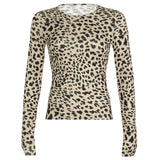 Wenkouban Leopard Print Women T-shirt Y2K Long Sleeve Fitted Crop Top Vintage Fashion Autumn Outfits O Neck Casual Tee Grunge