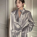 Wenkouban 2024 Spring Autumn Fold texture Satin Luxury Suit Jacket women's Korean fashion Loose Medium Long Trend Street Clothing