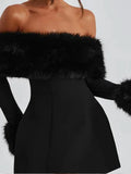 Wenkouban-new years eve outfits Christmas party outfits Women Black Fluffy Faux Fur Backless Mini Dress Fashion Strapless High A-neck Slim Dresses 2024 New Lady Party Gown Vestidos