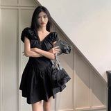 Women's White Short Dress Sexy V-neck Korean Style Waist Slimming Dress Elegant Pleated Mini Sweet Black Dresses Summer