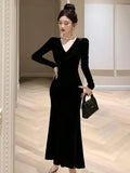 Wenkouban-Christmas Outfit New Year's Eve Dress party look inspos Elegant Velvet Evening Dresses Autumn Winter V-Neck Bodycon Mermaid Party Long Dress Solid Slim Waist Vestidos Women Clothing