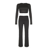 Wenkouban Basic Casual Women Fitness Two Piece Set Long Sleeve Cropped Top and Low Waist Fitted Trousers Yoga Clothing Sporty